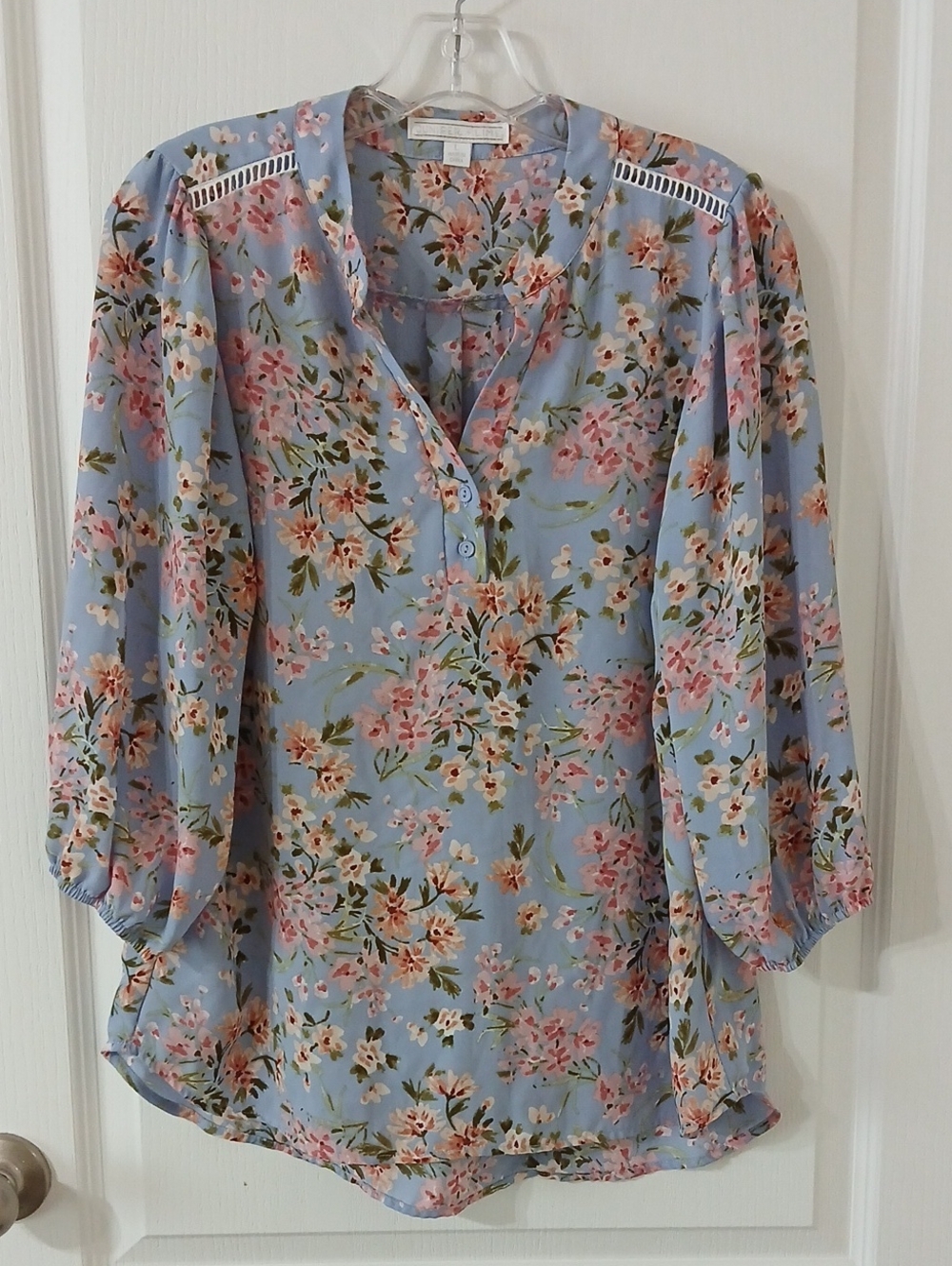 Light Blue & Pink Floral Print 3/4 Length Sleeve Blouse
